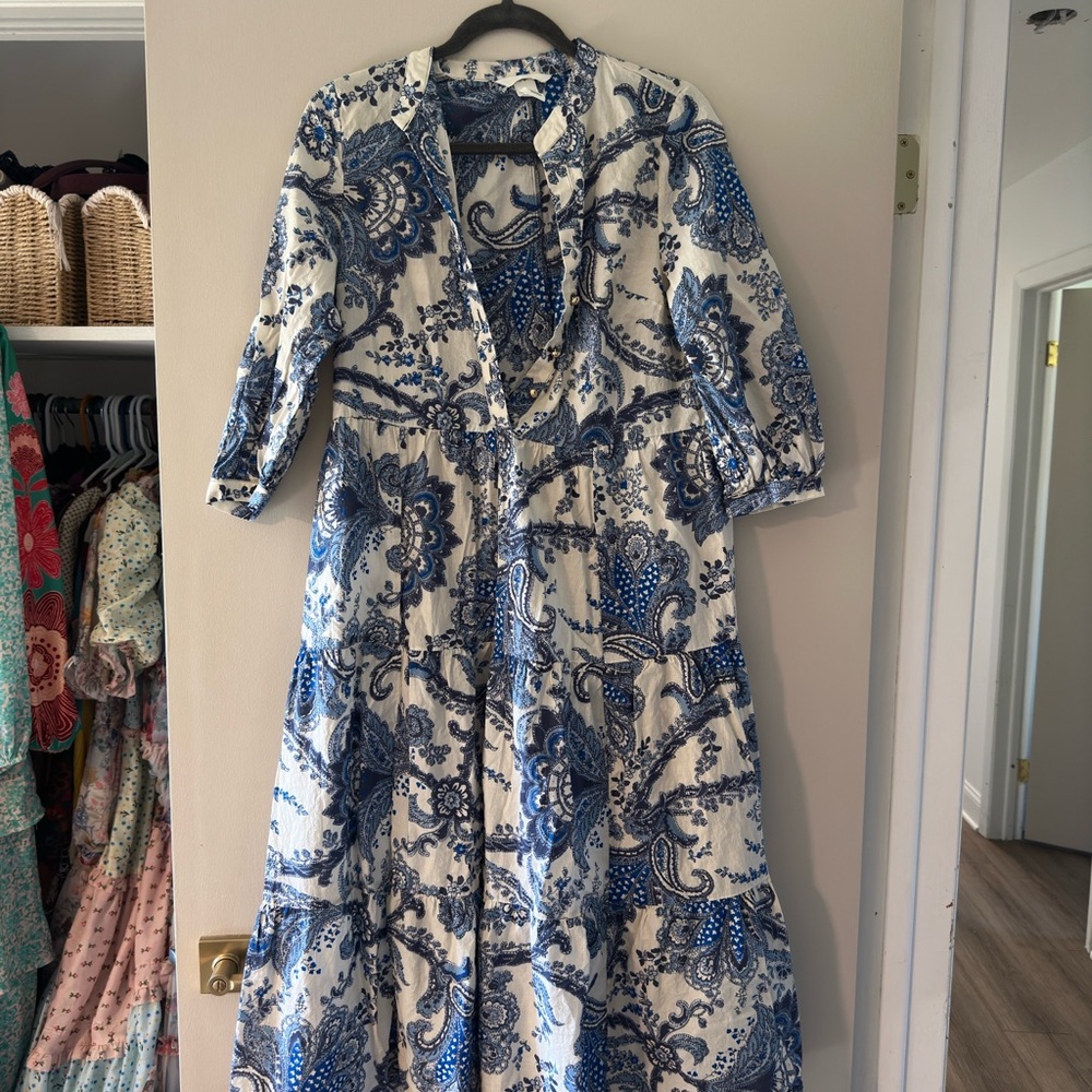 H&M Long Sleeve Dress with Blue Paisley on White